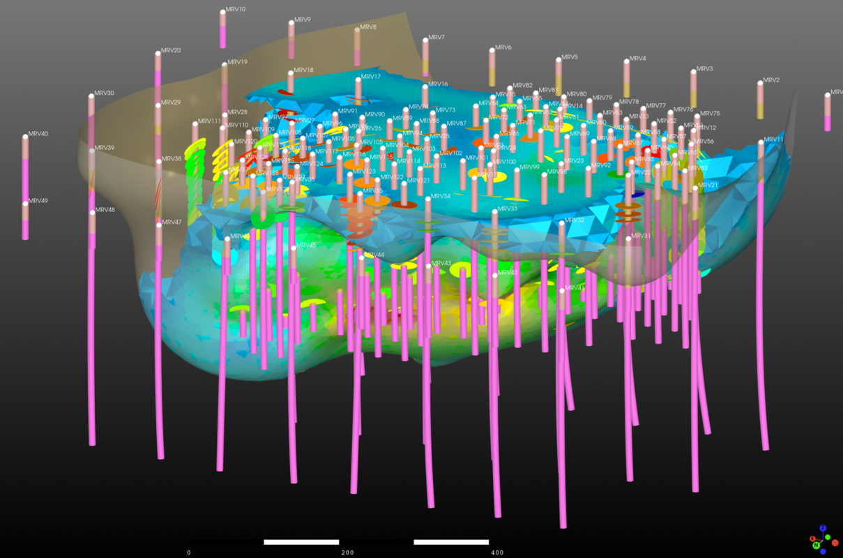 3D Visualization combining Drillholes, structural data and implicit model and block model