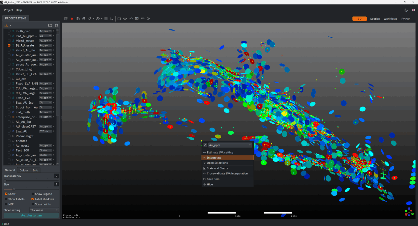 GEOREKA Screenshot showing 3D structural data with right-click menu.
